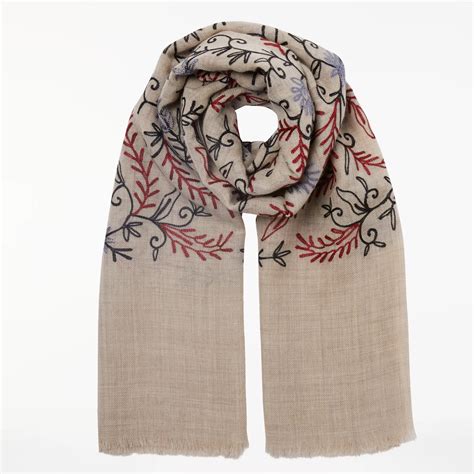 John Lewis And Partners Embroidered Wool Scarf Natural Mix