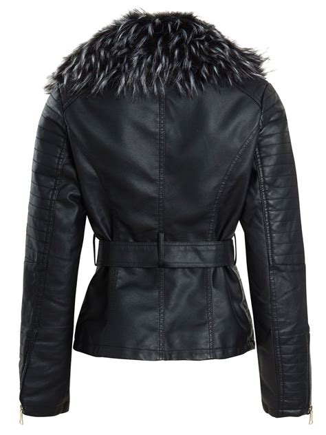 Womens Faux Leather Biker Jacket Black Faux Fur Collar Coat Size 8 10