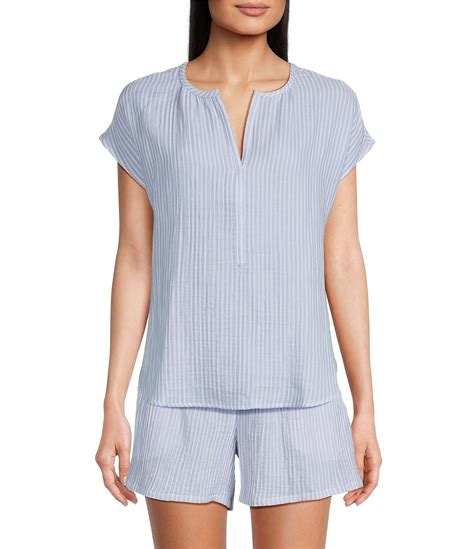 Nottibianche Blue Striped Print Split Round Neck Short Sleeve Coordinating Woven Sleep Top