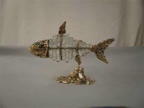 Hand Crafted Fish Sculpture Made Of Bronze And Crystal Quartz Fish