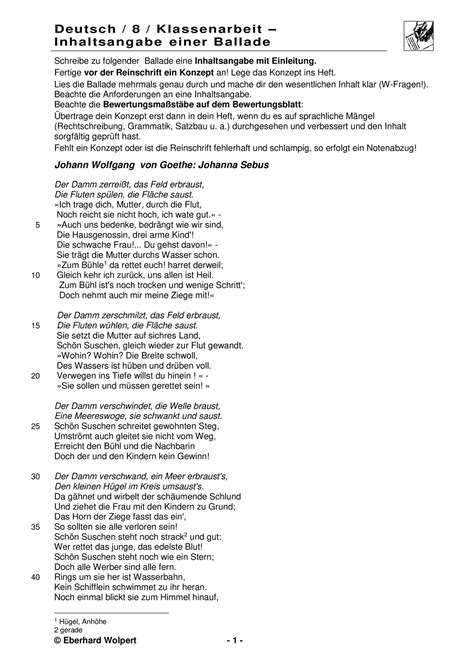 klassenarbeit inhaltsangabe einer ballade goethe johanna sebus mit bewertungsbogen