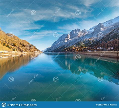 Autumn Alpine Mountain Lake And Pass Trentino Dolomites Alps Italy