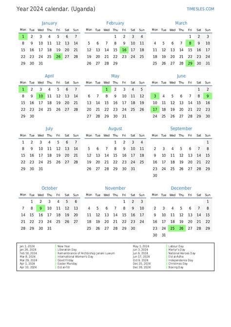 Calendar For 2024 With Holidays In Uganda Print And Download Calendar
