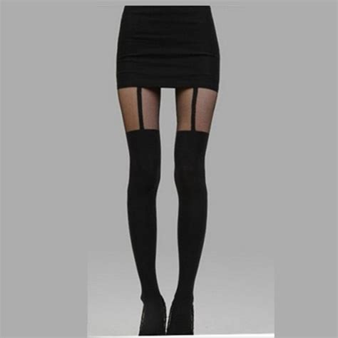 2018 sexy women black fake garter belt suspender tights over the knee hosiery stockings ts