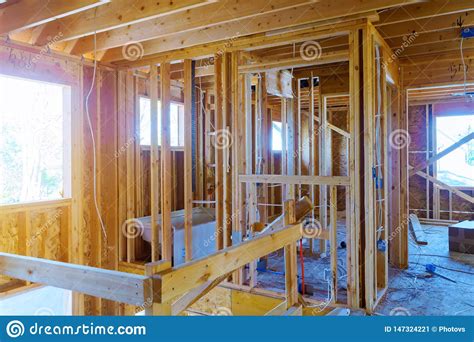 A New Home Under Construction Interior Inside House Frame Stock Image