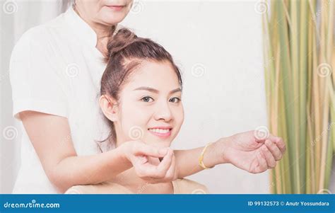 women is getting thai massage on her shoulder stock image image of face indoors 99132573