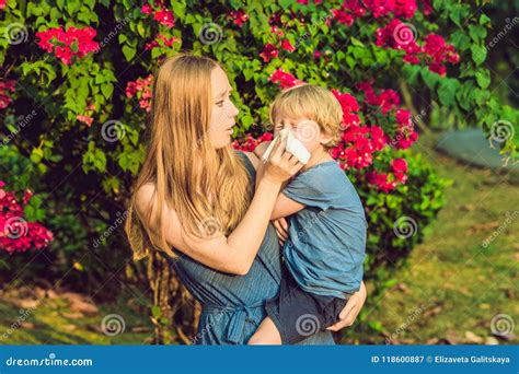 La Maman Regarde Son Fils Qui Est Allergique Au Pollen Image Stock Image Du Mouchoir
