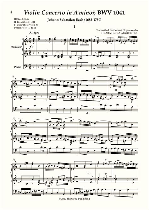 Bachheywood Violin Concerto In A Minor Bwv 1041 I Allegro Score Concert Organ International