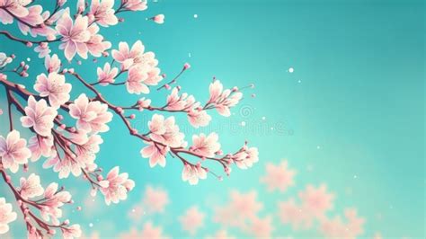 Beautiful Cherry Blossom Or Sakura Tree Branches On Blue Sky With Copy
