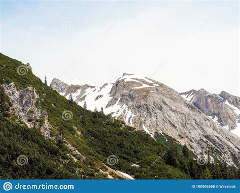 Majestic Alps During Summer With Green Trees And Snow Capped Peaks