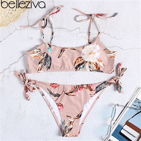 Belleziva Floral Pattern Swimsuit Strap Side Tied Bikini Set Padded Low