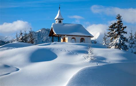 Wallpaper Winter Snow Mountains Austria Chapel Images For Desktop