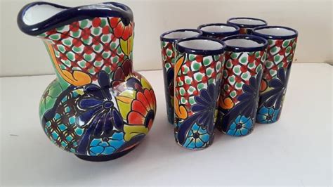 Pitcher Ceramic 7 Piece Set Talavera 6 Glasses Mexican Pottery Etsy