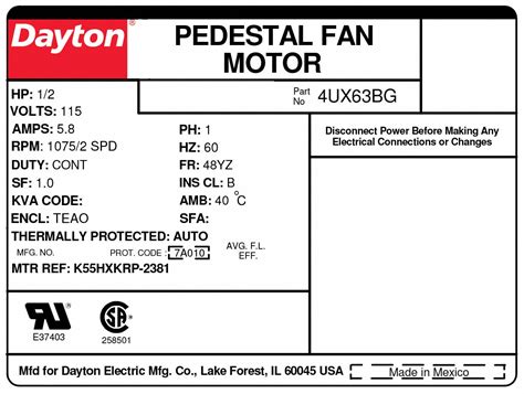 Dayton Pedestal Fan Motor 12 Hp 1075 Nameplate Rpm 115v Ac 48yz