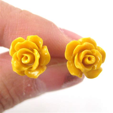 Small Floral Rose Resin Stud Earrings In Yellow On Luulla
