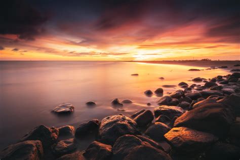 Wallpaper Stones Coast Horizon Sunset Hd Widescreen High