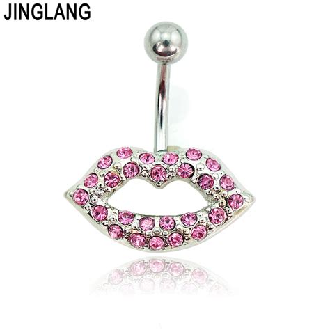 Jinglang Fashion Belly Button Rings 316l Stainless Steel Barbell Pink Rhinestone Mouth Navel