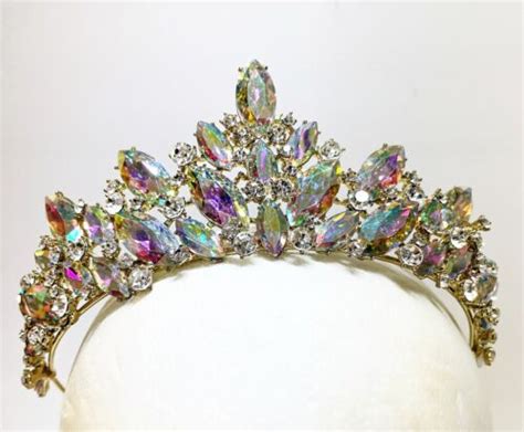 gold ab iridescent rhinestone crystal queen tiara crown bridal pageant ebay