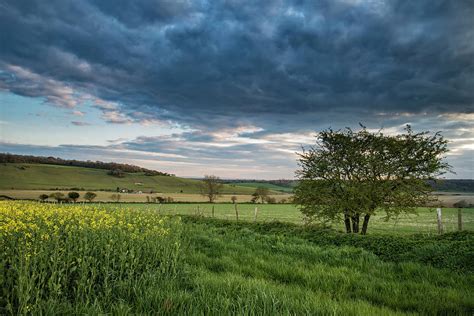 Beautiful English Countryside Landscape Over Fields At Sunset
