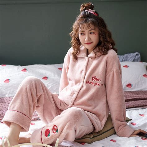 Julys Song Women 2 Pieces Pajama Sets Flannel Winter Pajamas Long Sleeve Full Trousers Girl