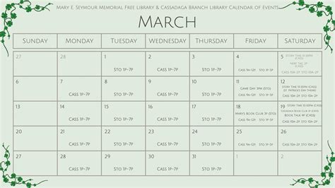March Calendar Of Events Mary E Seymour Memorial Free Library