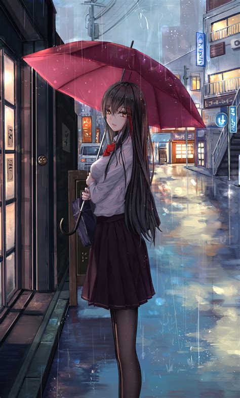 1280x2120 Anime Girl Rain Umbrella Looking At Viewer Iphone 6 Hd 4k