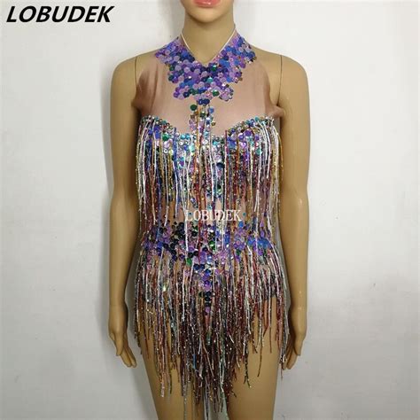 Colorful Sequins Rhinestones Tassels Bodysuit Sleeveless Crystals