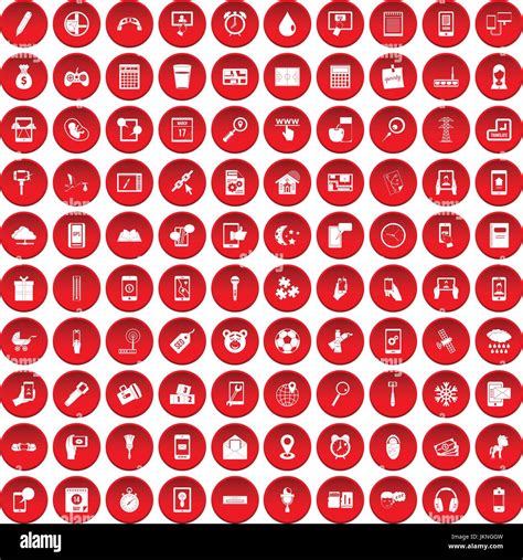 100 Mobile App Icons Set In Red Circle Isolated On White Vector