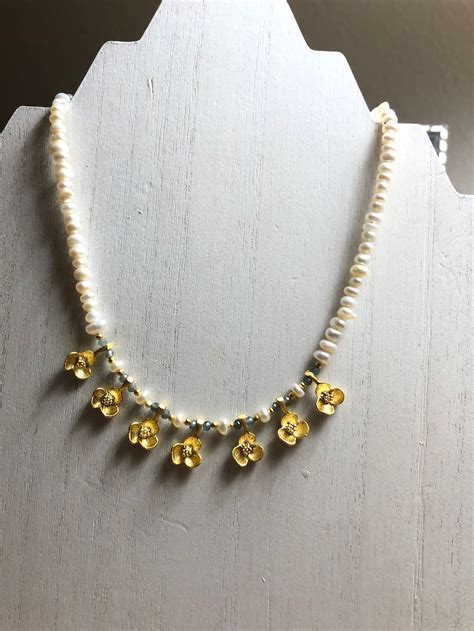Dainty Pearl And Gemstone Necklace 14k Gold Filled Flowers Etsy