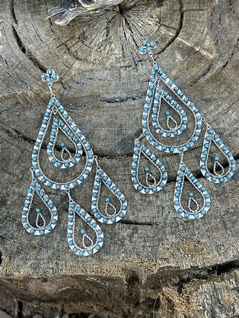 Zuni Sterling Silver Snake Eye Chandelier Turquoise Dangle Earrings