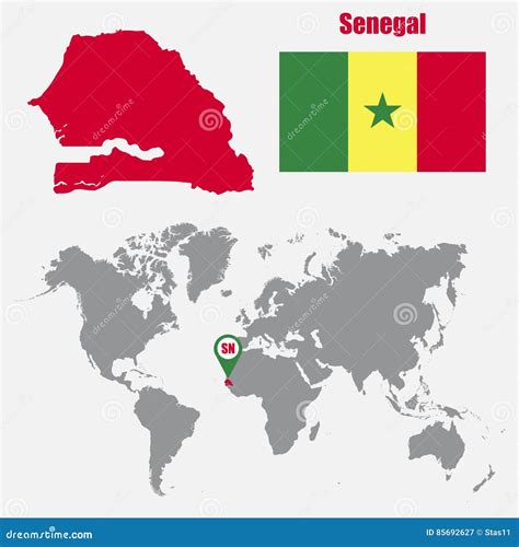 Senegal Map On A World Map With Flag And Map Pointer Vector