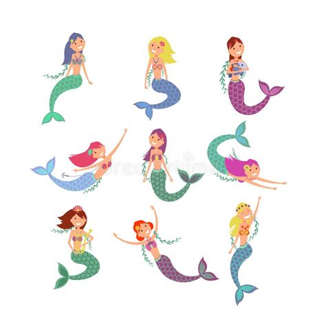 Cartoon Mermaids Set Mermaid Girl And Fish Cute Birthday Funny