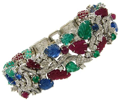 Carved Ruby Sapphire Emerald Diamond White Gold Tutti Frutti Bracelet