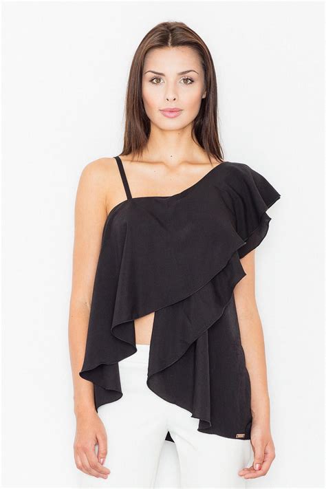 Fashion Blouse In Black With Asymmetrical One Shoulders Strap Fashion Tops One Shoulder Tops