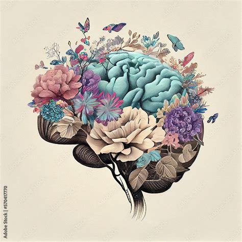Human Brain With Flowers And Butterflies Mental Health And Self Care