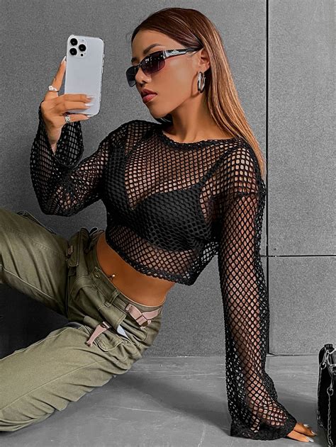 Long Sleeve Top Outfit Fishnet Long Sleeve Top Loose Top Outfit Black Fishnet Top Black Mesh