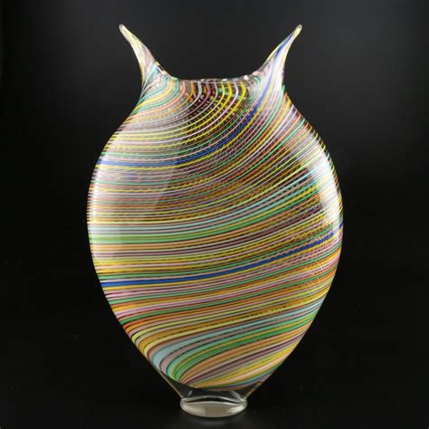 David Patchen Multicolored Foglio Handblown Art Glass Vase Ebth