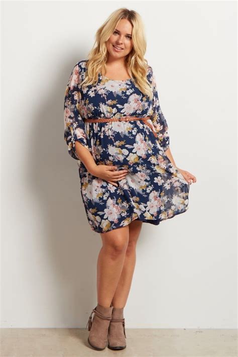 Navy Blue Floral Belted Plus Size Dress Maternity With Images