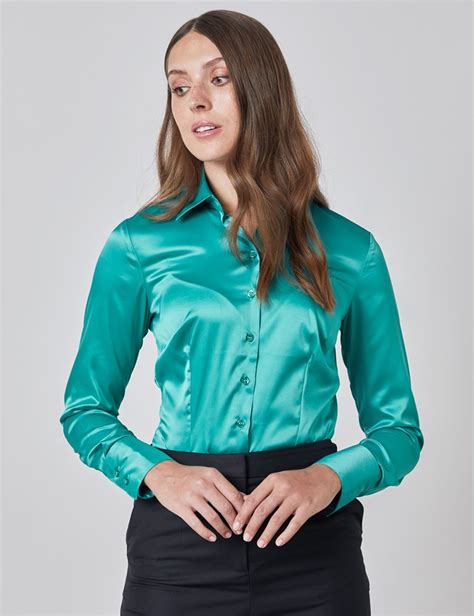 Plain Satin Stretch Womens Fitted Shirt With Single Cuff In Jade