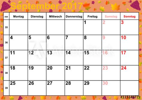 Monthly calendar for the month september in year 2017. Kalender 2017 Monat September mit Feiertagen für ...