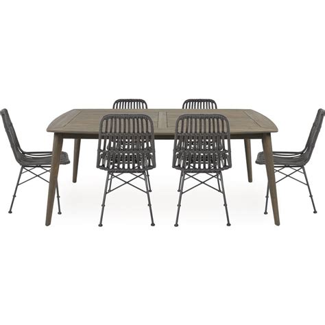 Noble House Sawtelle 7 Piece Wooden Patio Dining Set In Gray