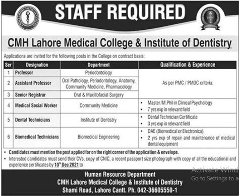 Jobs In Cmh Lahore Medical College Latest Jobs In Pakistan