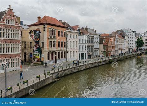 Belgium Ghent Old Town Historical Houses At River Leie At Dusk Stock
