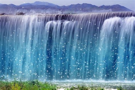 Magic Waterfall Landscape Fantasy Blue Cascade With Sparkling Lights