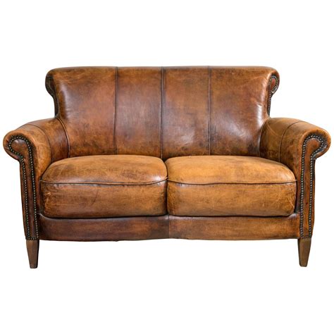 Vintage French Distressed Art Deco Leather Sofa At 1stdibs