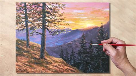 Acrylic Landscape Painting Mountain Sunset View Youtube