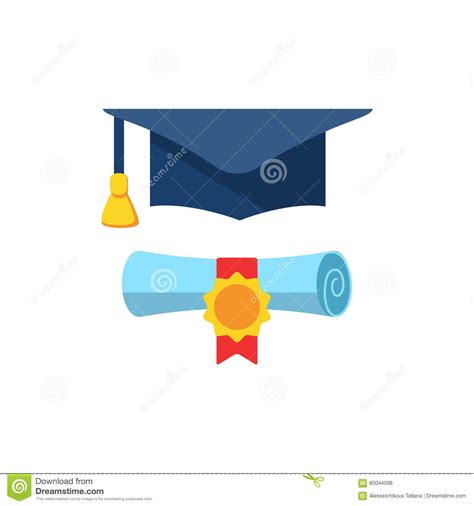 Graduation Cap And Diploma Rolled Scroll Flat Design Icon Stock Vector
