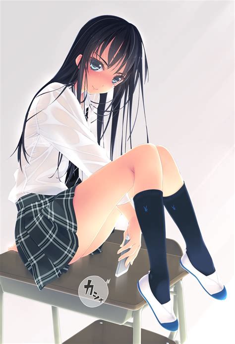 Long Hair Murakami Suigun Looking At Viewer Legs Thighs Smiling Sitting Anime Anime