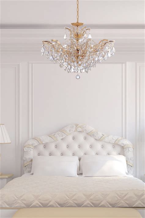 Maria Theresa Gold Crystal Chandelier In White Bedroom