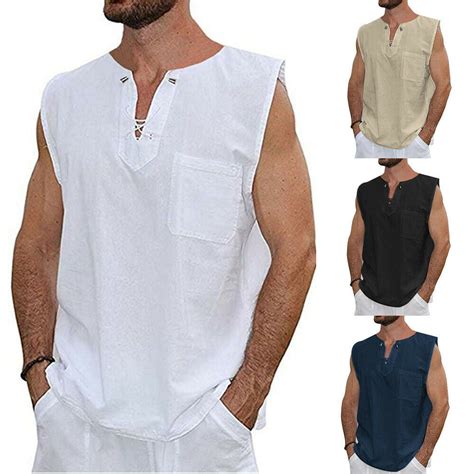 Summer Mens Cotton Linen T Shirt Henley Tops Casual Loose V Neck
